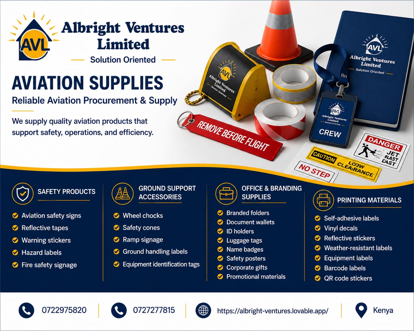AVL aviation supplies — safety, ground support, office and printing materials
