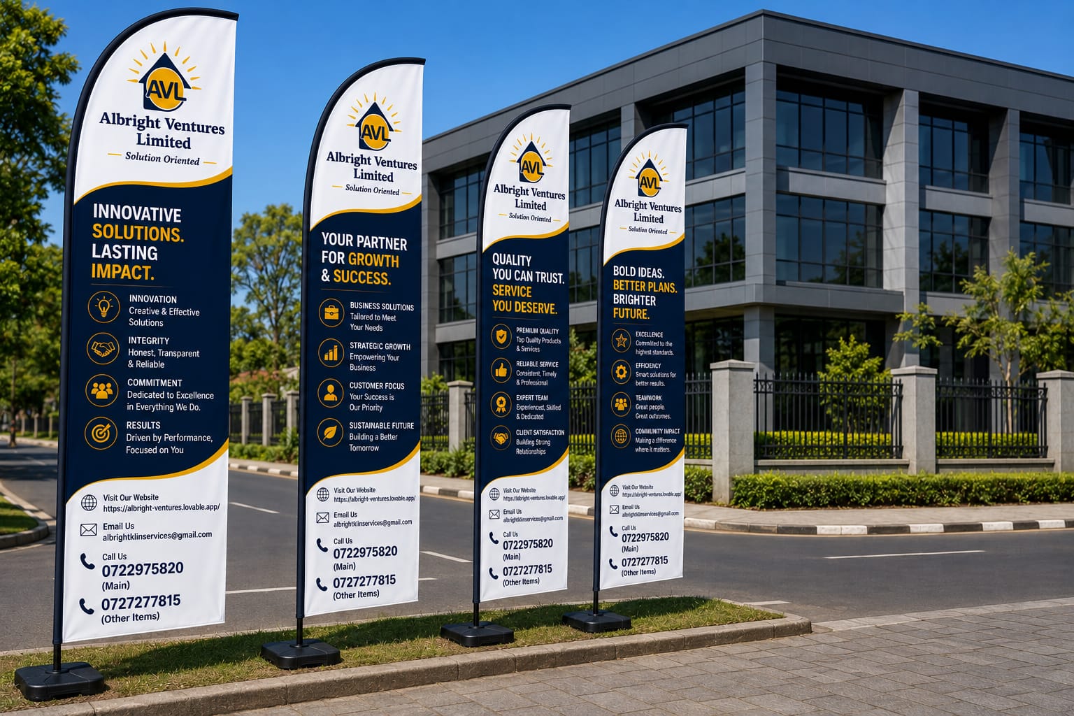 AVL branded feather flag banners displayed outside a corporate office