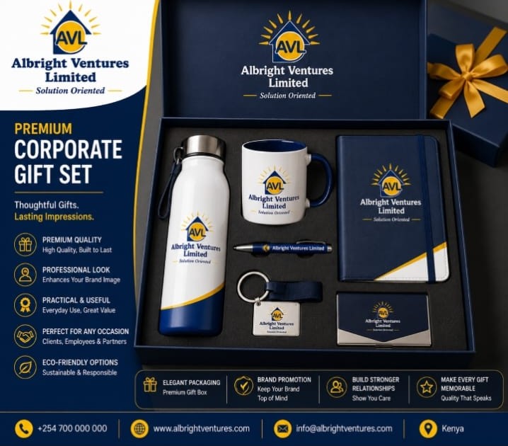 Albright Ventures corporate gift set with bottle, mug, notebook and pen