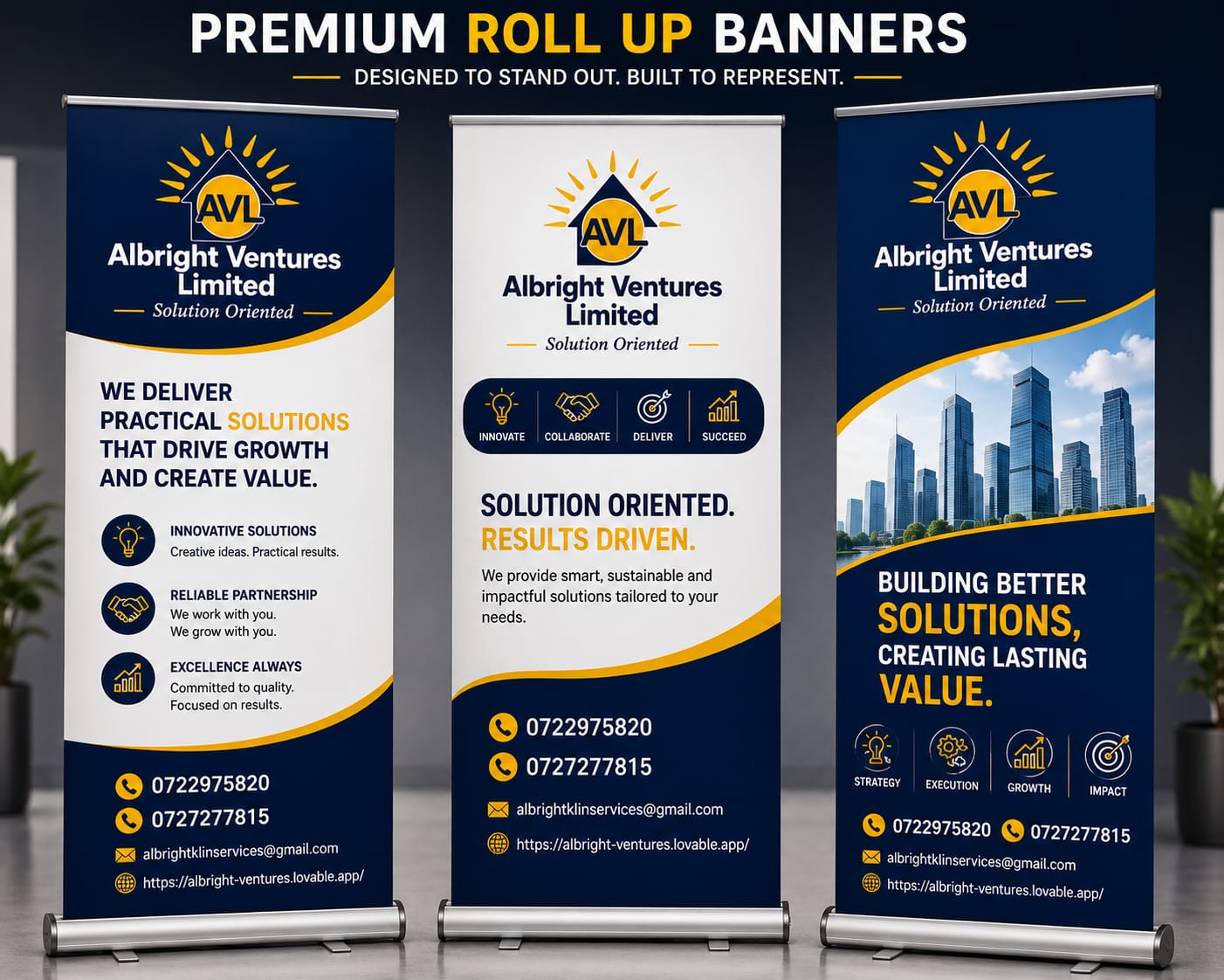 AVL premium roll-up banners printed in three corporate designs