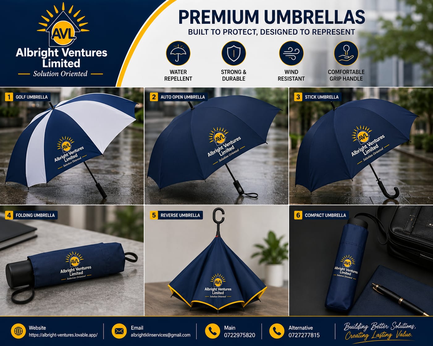AVL premium branded umbrellas range — golf, auto-open, stick, folding, reverse and compact