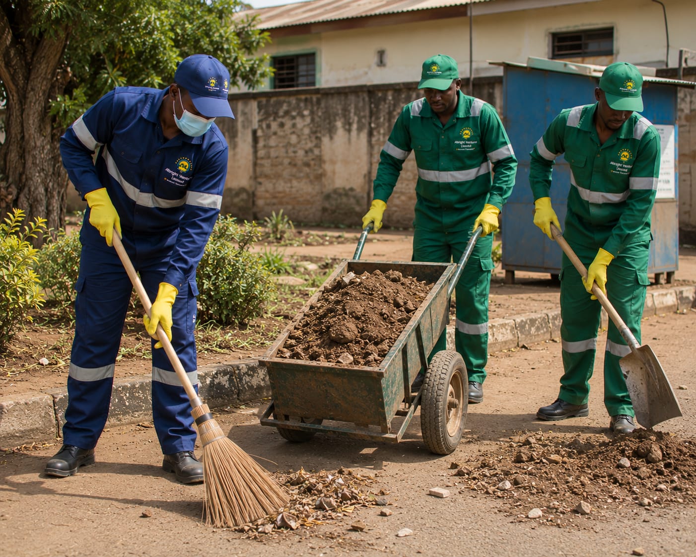 AVL team clearing compound waste with brooms and a wheelbarrow
