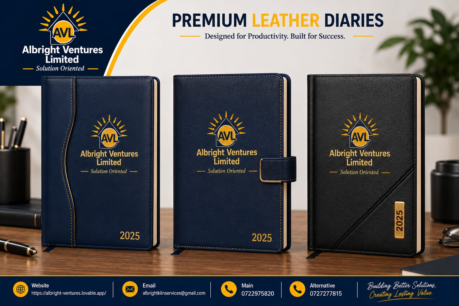 AVL premium leather diaries showcase — three cover finishes