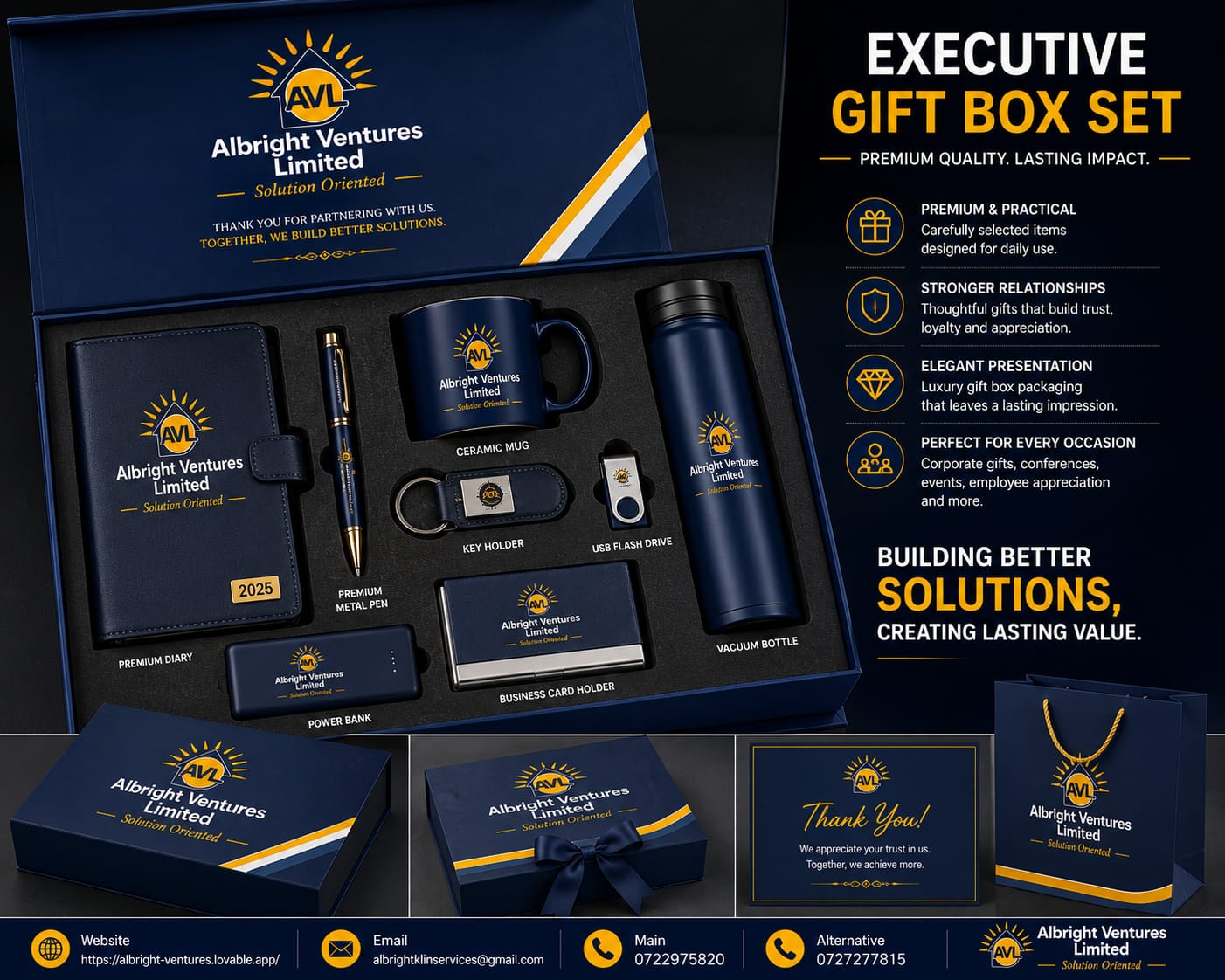 AVL executive gift box set with diary, pen, mug, bottle, power bank and card holder