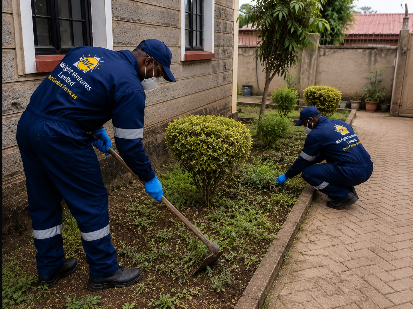 AVL grounds team weeding and maintaining a landscaped flower bed