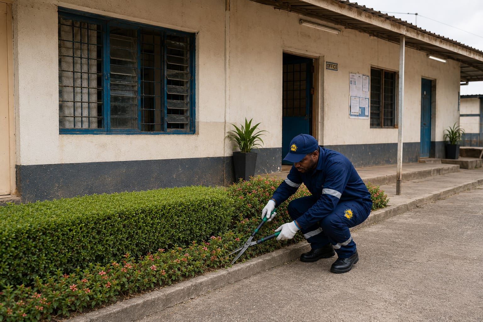 AVL gardener trimming a hedge outside an institutional office block