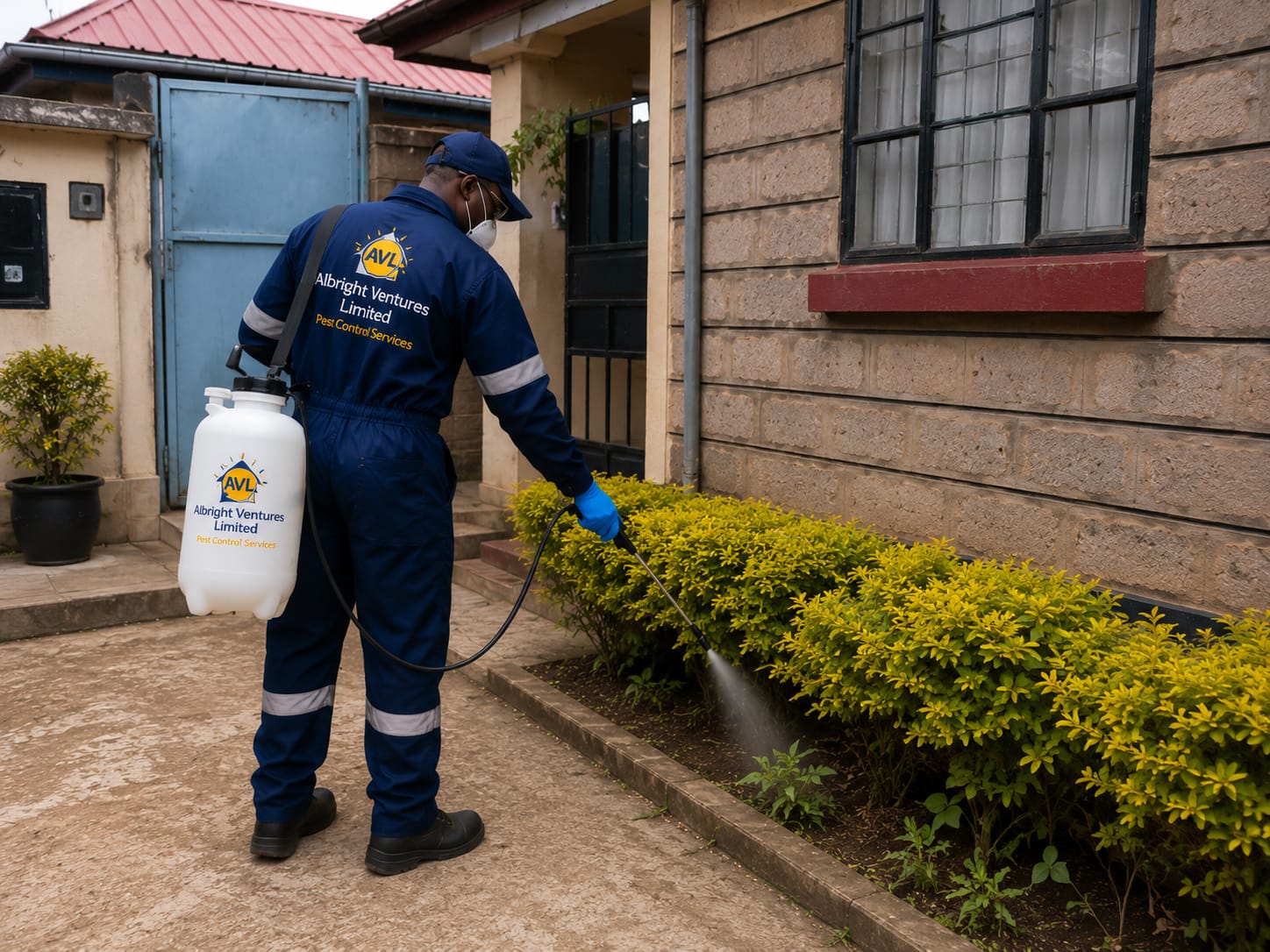 AVL pest control technician spraying around a residential compound